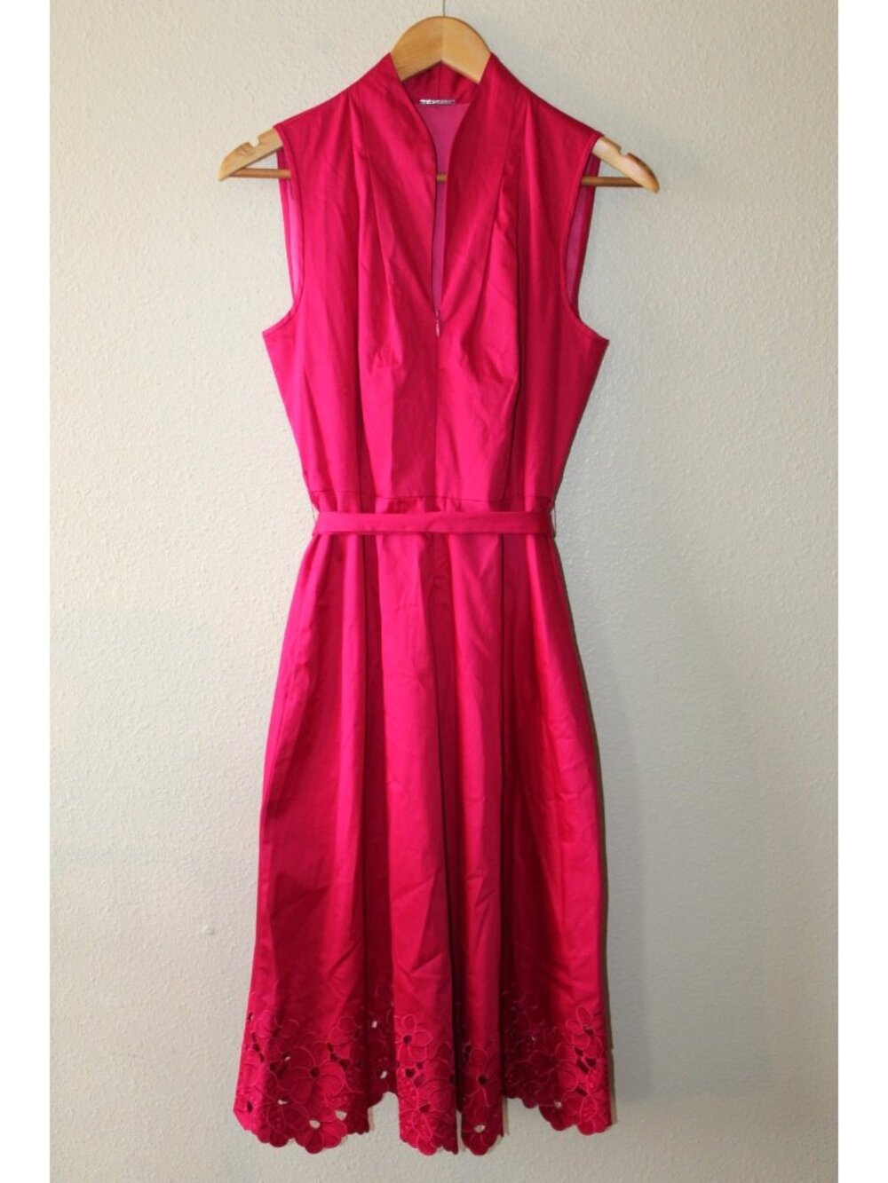Elie Tahari Womens Dark Pink Sleeveless Floral Cutout Hem Dress with Belt 6